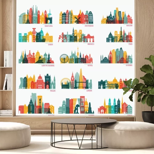 Sticker Skyline gedetailleerde silhouet set (Barcelona, ​​Madrid, Rome, Londen, Wenen, Praag, Brussel, Istanbul, Lissabon, Moskou, Warschau, Amsterdam, Zürich). Reizen en toerisme achtergrond. Vector illustra