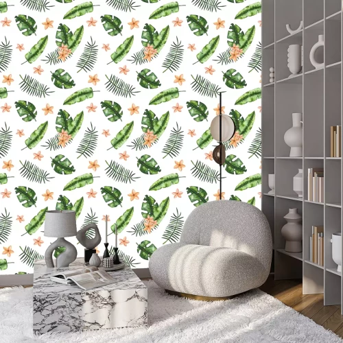 Behang Plumeria en bladeren