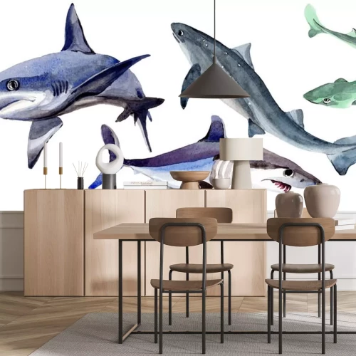 Sticker Haai wilde vis in een aquarelstijl geïsoleerd. Volledige naam van de vis: Haai. Aquarelle wilde vis voor achtergrond, textuur, wrapper patroon of tattoo.