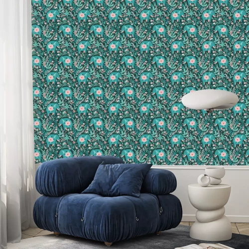 Behang Turquoise olifanten met bloemen