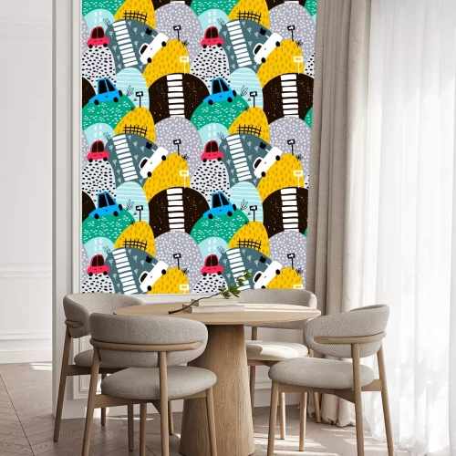 Behang Naadloos patroon met handgetekende leuke auto en heuvels. Cartoon auto's, verkeersbord, zebra kruis vector illustratie. Perfectioneer voor kinderen stof, textiel, kwekerij behang