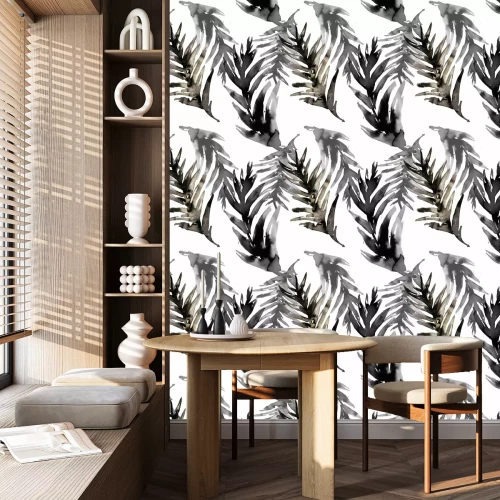 Behang Waterverf zwart blad hand getekend naadloos patroon