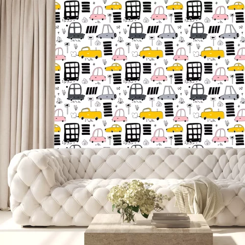 Behang Naadloos patroon met handgetekende schattige auto. Cartoon auto's, verkeersbord, zebra kruising vector illustration.Perfect voor kinderen stof, textiel, kwekerij behang