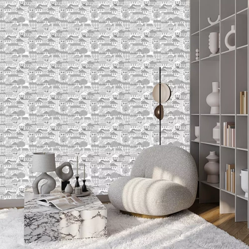 Behang Naadloze structuur met schattige huizen en bomen voor het kleuren boek