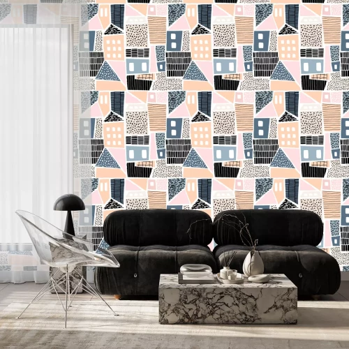 Behang Abstract naadloos patroon met huizen met hand getekende texturen en vormen. Perfect voor fabric.textile, behang. Vectorillustratie