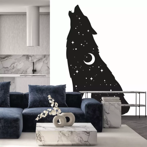 Sticker Silhouet van wolf met halve maan en sterren geïsoleerd. Sticker, zwart werk, print of flash tattoo ontwerp vector illustratie. Heidense totem, wiccan bekende geestelijke kunst