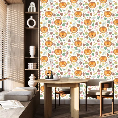 Behang Voor kinderen, schattige leeuwen tussen planten op een witte achtergrond