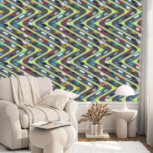 Behang Stedelijke auto's naadloze textuur. Isometrische wegen en autoverkeer