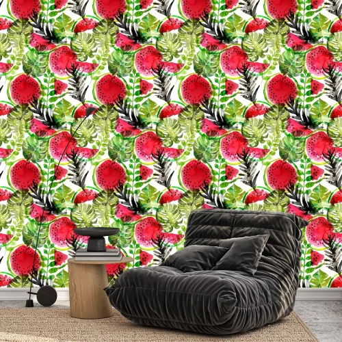 Behang Watermeloenen en bladeren die de aquareltechniek imiteren