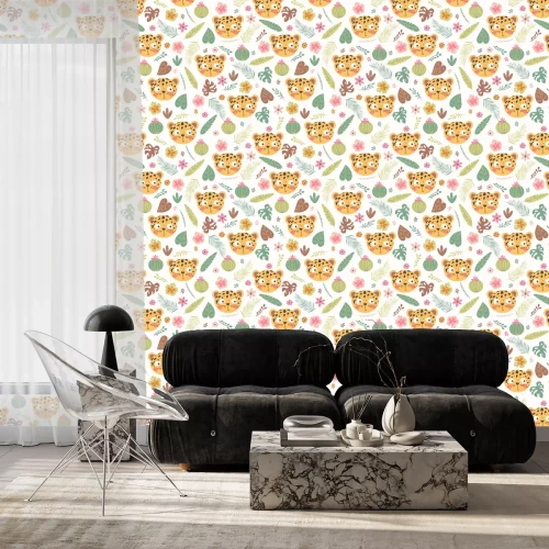 Behang Luipaard en tropische bladeren