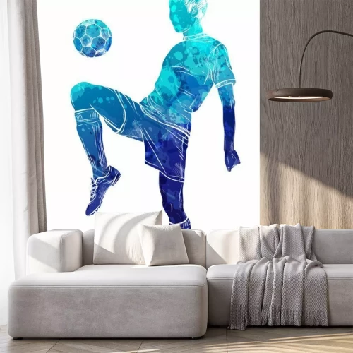 Sticker Een speler stuitert de bal blauw zwart-wit tekening