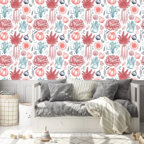 Behang Rode en blauwe groenten op een witte achtergrond