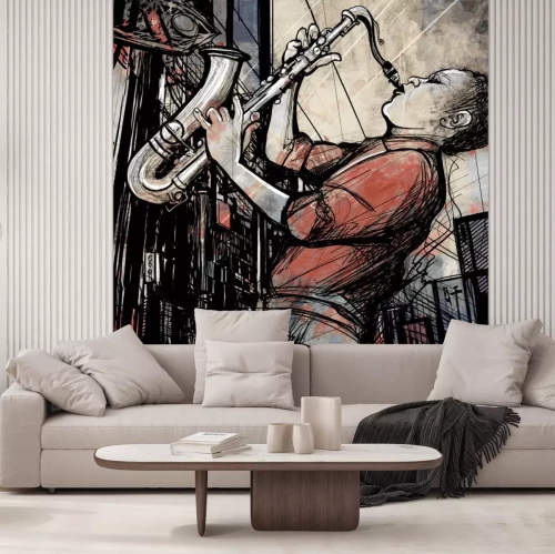 Sticker saxofonist in een straat in de nacht