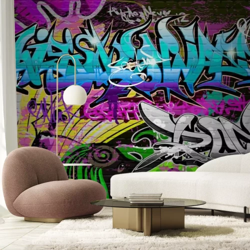 Fotobehang Inscripties in verschillende kleuren op de muurgraffiti