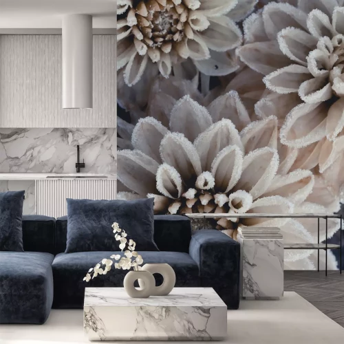 Sticker Witte chrysanten op een ijzige ochtend