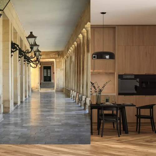 Fotobehang Een stenen gang tussen de zuilen