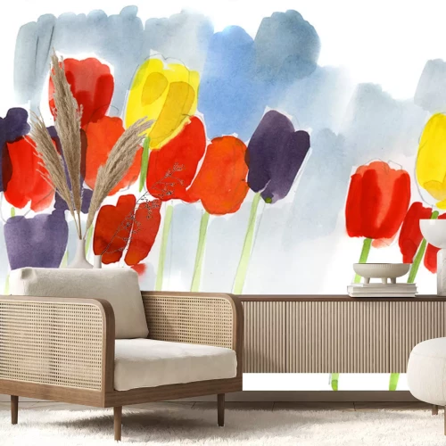 Sticker Geschilderde bloemen op een blauwe achtergrond