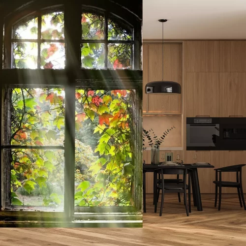 Fotobehang Uitzicht door het raam op de kleurrijke bladeren