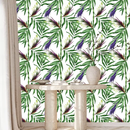 Behang Tropische bladeren tussen bamboe