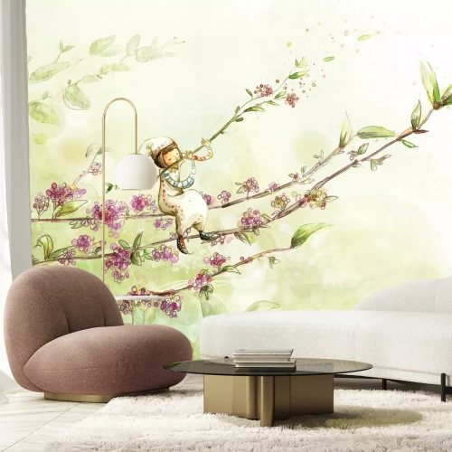 Fotobehang Figuur op een tak geschilderd met waterverf