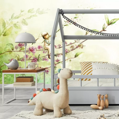 Fotobehang Figuur op een tak geschilderd met waterverf