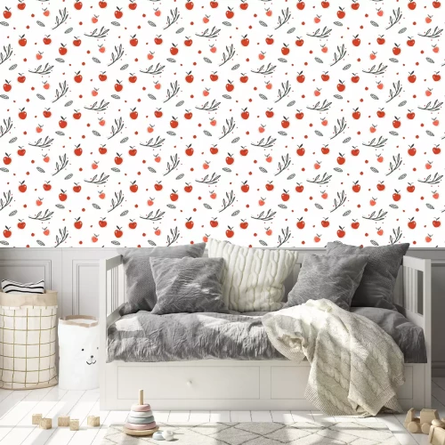 Behang Kleine rode appeltjes en zwarte blaadjes en takjes