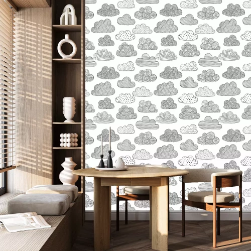 Behang Mooi zwart-wit naadloos patroon van doodle wolken. ontwerp achtergrond wenskaarten en uitnodigingen tot de bruiloft, verjaardag, moederdag en andere seizoensgebonden herfstvakantie.