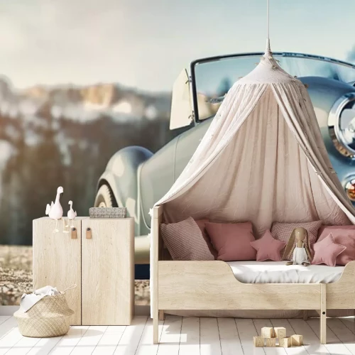 Sticker Retro auto geparkeerd tegen de achtergrond van heuvels