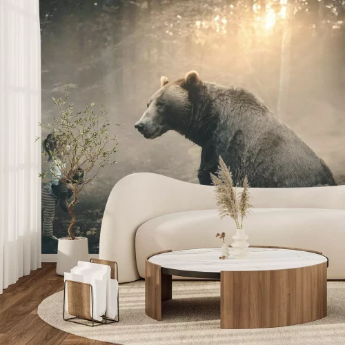 Fotobehang Beer en meisje in het bos