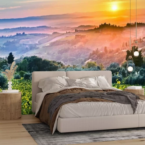 Fotobehang Toscane bij zonsopgang op een mistige dag