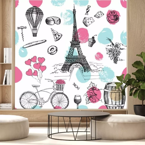 Sticker Set van hand getekende Franse pictogrammen, Parijs schets illustratie