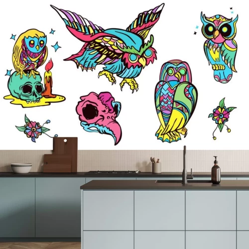 Sticker Kleurrijke uilen en schedels