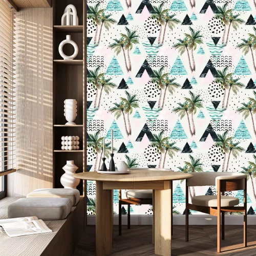 Behang Palmbomen en geometrische vormen