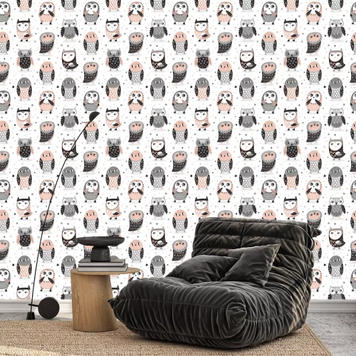 Behang Uilen voor kinderen in grijstinten