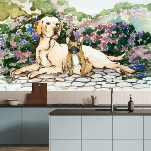 Fotobehang Een gedetailleerde handtekening op papier. Lichte tinten en lichte kleuren. Bloeiende bloemenachtergrond. Waterverf concept. Dierlijk concept