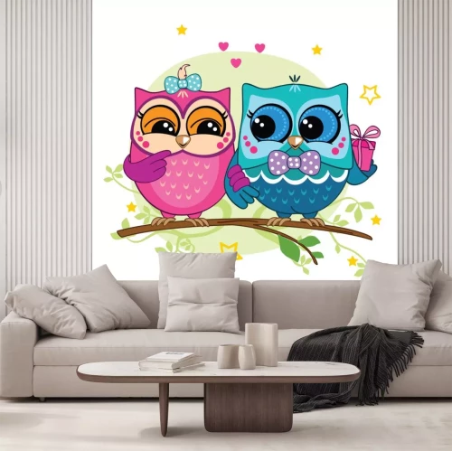 Sticker Babyuilen die op een tak zitten