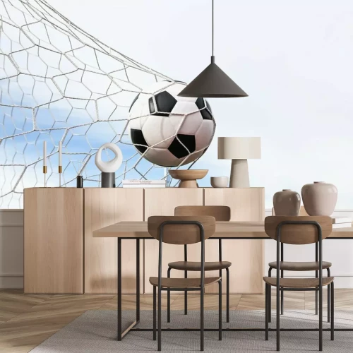 Fotobehang Zwart-witte voetbal in het net