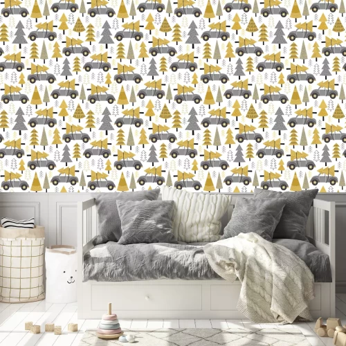 Behang naadloze patroon goud kerstbomen en auto - vector illustratie, eps