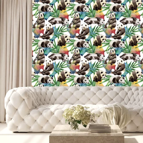 Behang Panda's en groene bladeren op een aquarel achtergrond