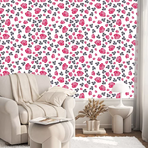 Behang Rozen rode en zwarte grafische bladeren
