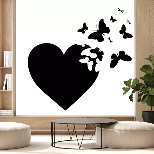 Sticker Zwart-wit tekening van een hart met vlinders