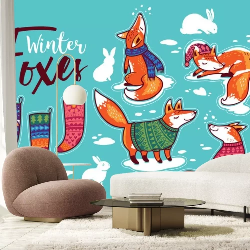 Sticker Stickerscollectie met cartoonvosjes in comfortabele truien. Vector illustratie