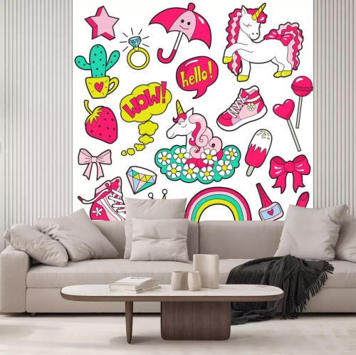 Sticker Een set afbeeldingen met kleurrijke meisjesachtige thema's