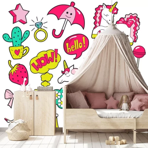 Sticker Een set afbeeldingen met kleurrijke meisjesachtige thema's