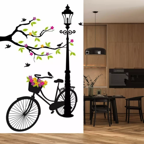 Fotobehang Illustratie van een lantaarn en een fiets