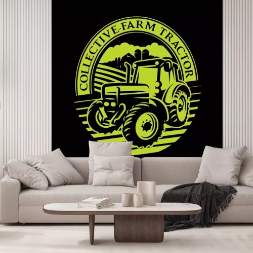 Sticker vectortractorpatroon op het gebied op landbouwbedrijfachtergrond