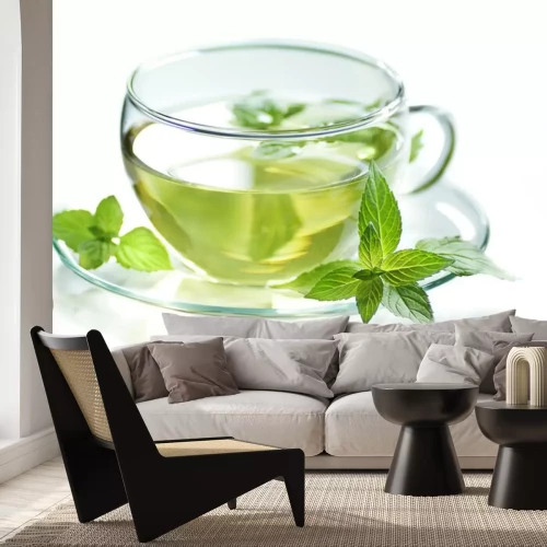 Sticker Groene thee in een transparante glazen beker