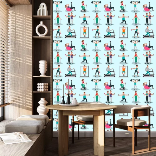 Behang Reeks kerels en meisjes belast met de illustratie van de fysieke opleidingskleur