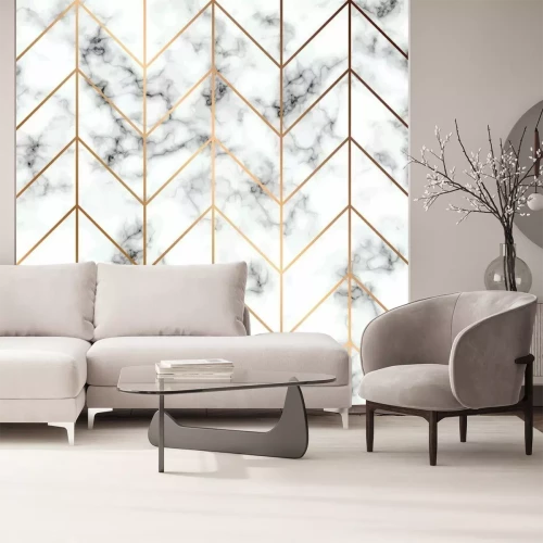 Fotobehang Monochroom marmer met gouden lijnen