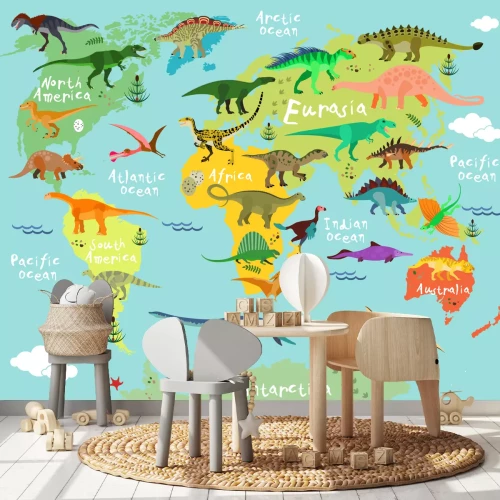 Fotobehang Wereldkaart voor kinderen met dinosaurussen